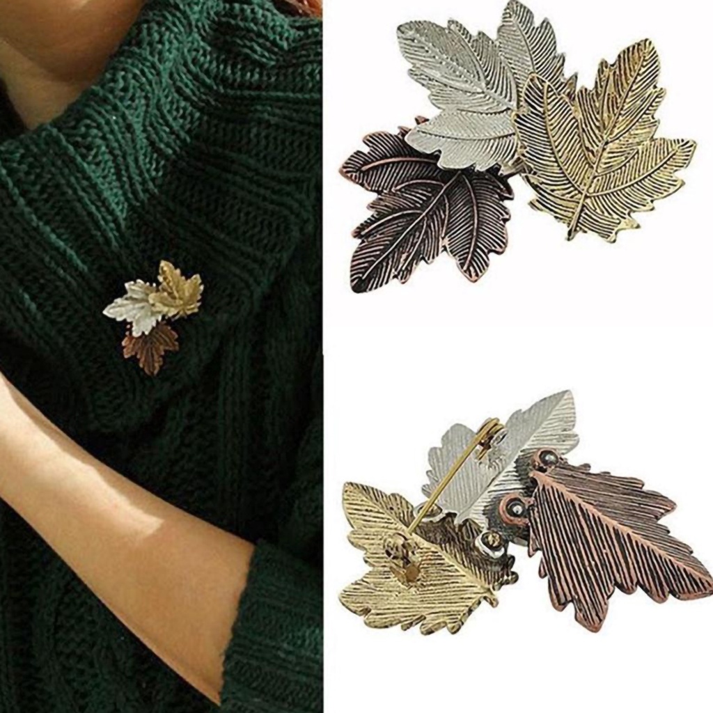 Bros Pin Bentuk Tiga Daun Bahan Alloy Gaya Vintage Untuk Dekorasi Dress Sweater Scarf Wanita