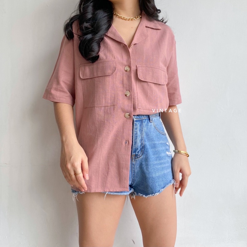 KEMEJA WANITA CASUAL POCKET TOP KEMEJA WANITA POLOS BASIC MURAH-Rose