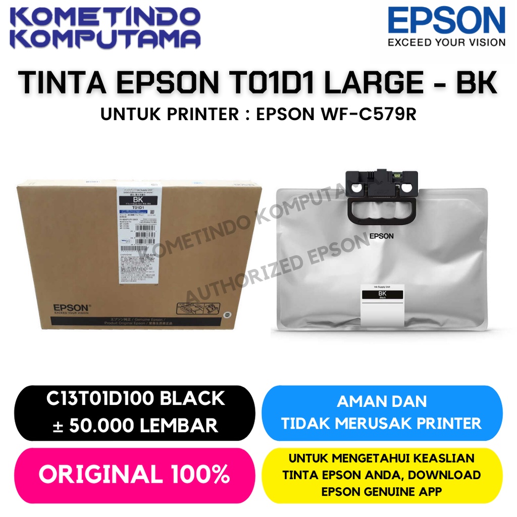 T01D Black LARGE Tinta Epson Hitam WorkForce Pro WF-C579R 100% ORIGINAL C13T01D100