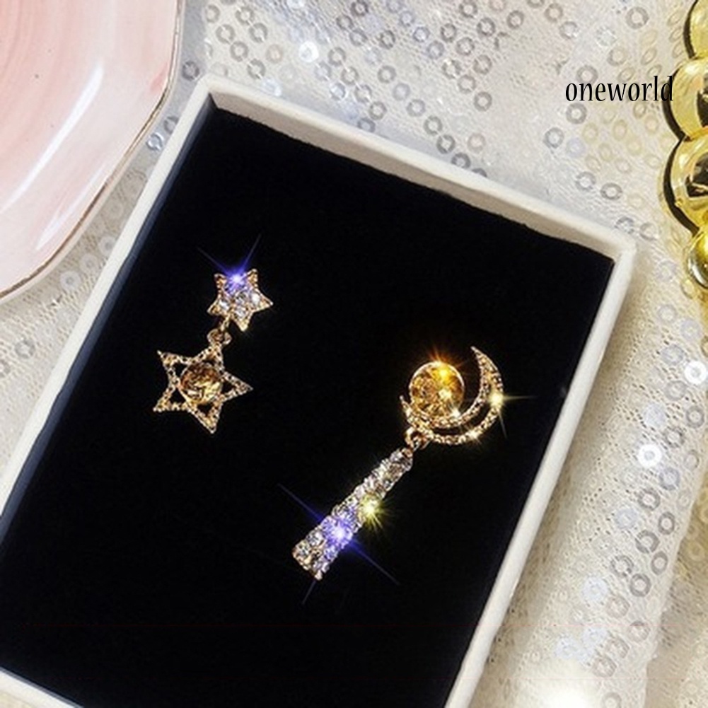 OW# Women Rhinestone Moon Star Asymmetric Dangle Ear Stud Earrings Jewelry Gift