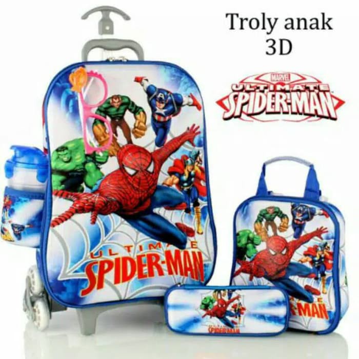 "Tas Trolley Anak Spiderman Kaca mata 3D 5in1"