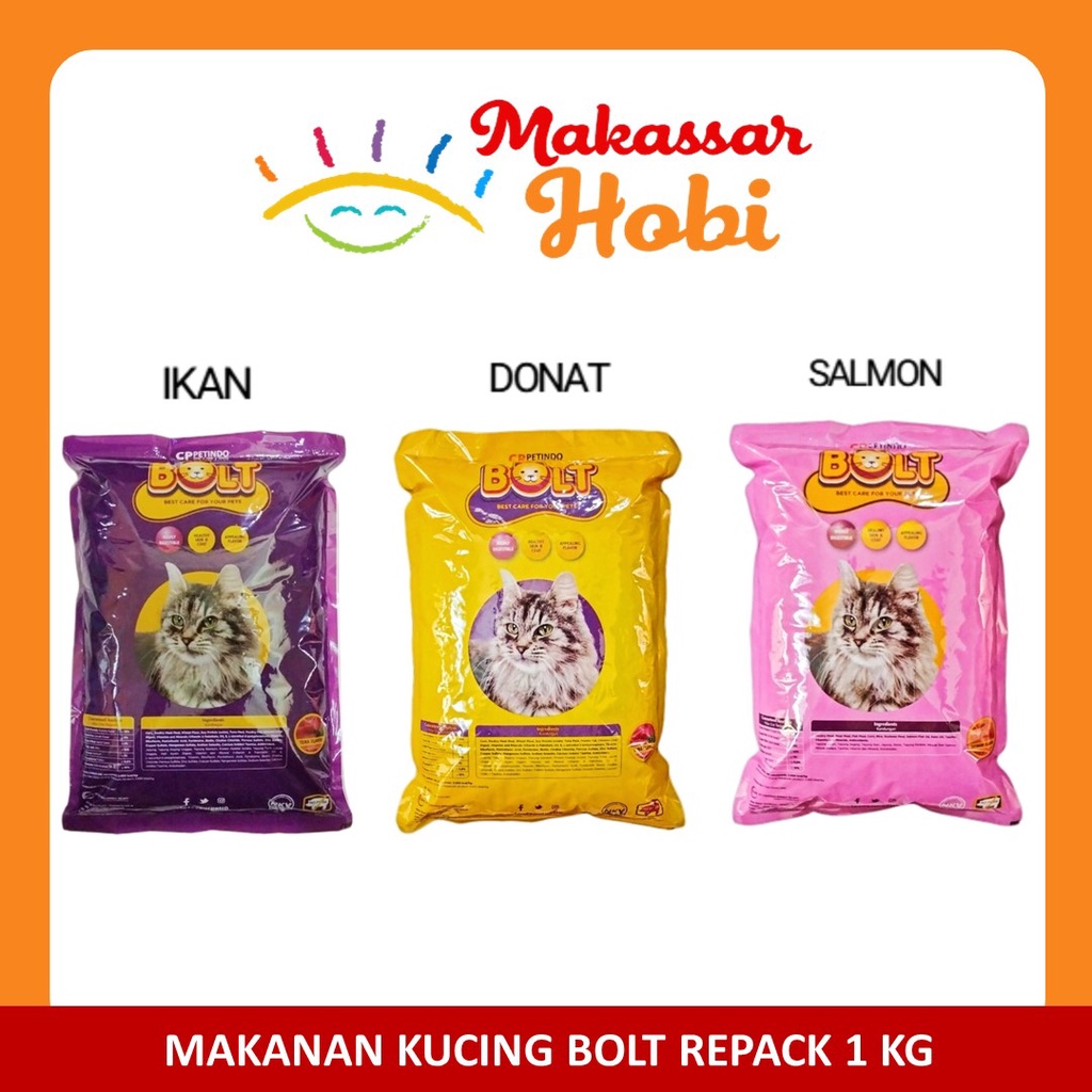 Makanan Kucing BOLT Cat Food Repack 1kg 1 Kg Tuna Kibble Ikan Donat Salmon Catfood Murah