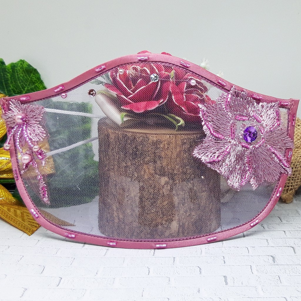 Masker Pesta Brukat Premium Cantik Pengantin Hijab Pesta Transparan Payet Mika Ungu Lilac