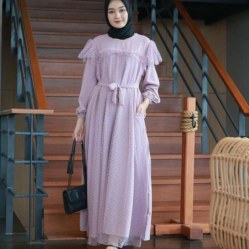 PROMO MIRA MAXY DRESS BRUKAT POLKA LAVENDER DRES Gamis Kondangan Tile Brukat Premium Fashion Muslim 