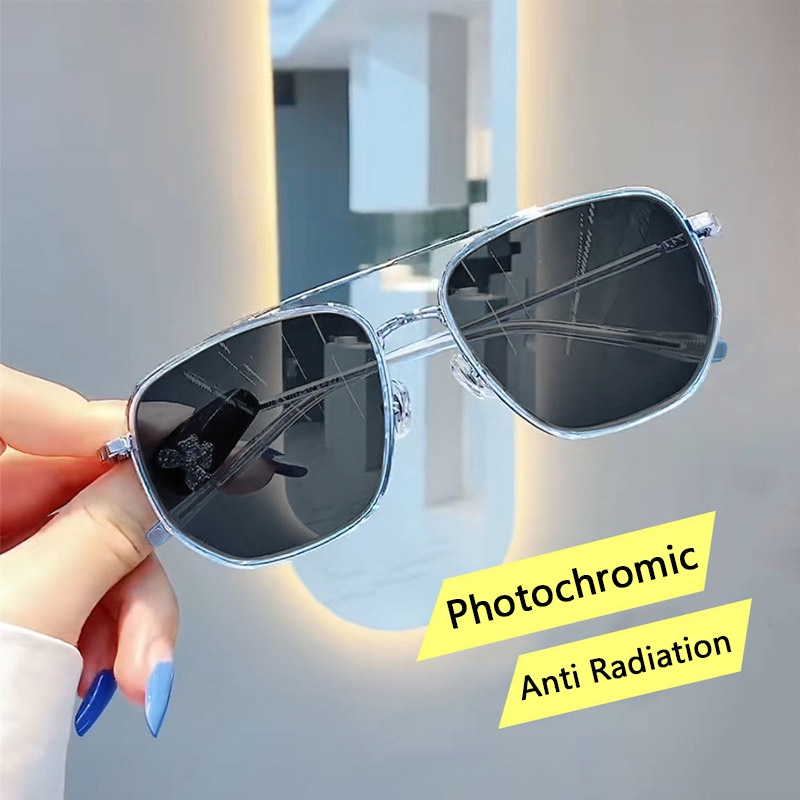 Kacamata Photochromic Anti Radiasi Bahan Metal Gaya Korea Untuk Pria Dan Wanita