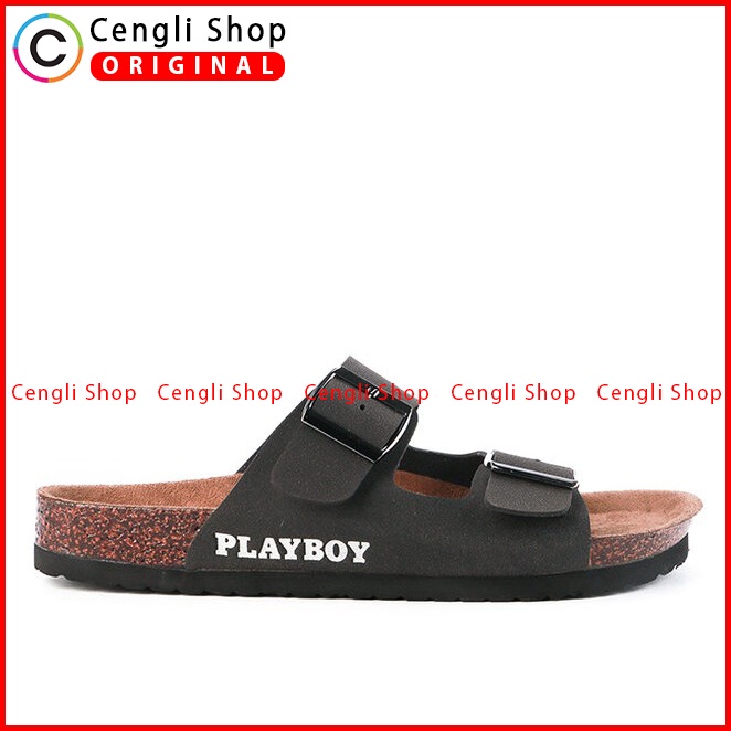 SANDAL SLIDE PLAYBOY PRIA ORIGINAL CASUAL BRANDED ASLI HITAM PL37