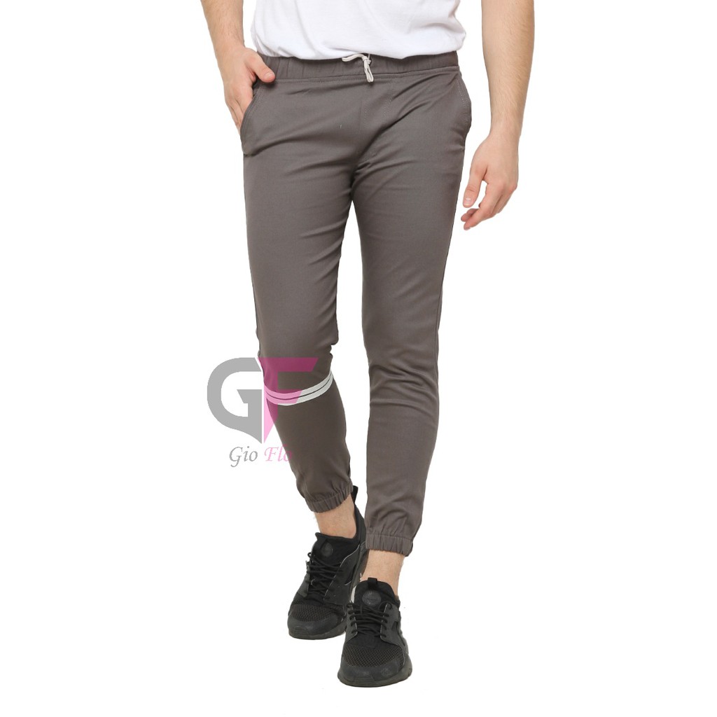 GIOFLO Celana Jogger Polos Panjang Pria Casual Strip Abu / CLN 956