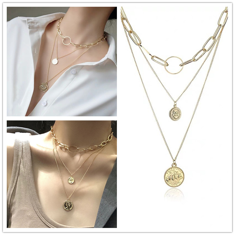 Kalung Rantai Choker Model Double Layer Aksen Koin Warna Emas Gaya Vintage Untuk Wanita