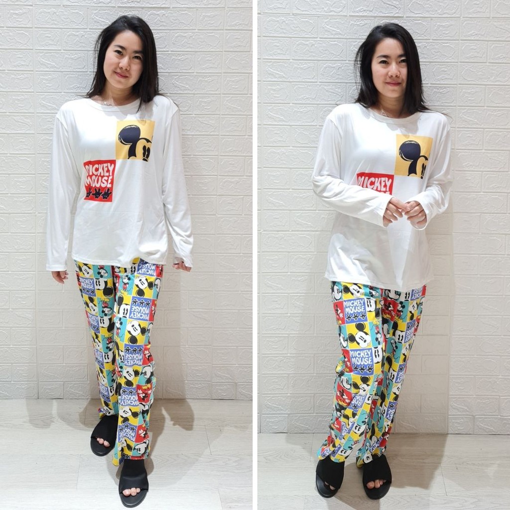 3532 kaos pajamas long mouse plaid one set import big baju tidur