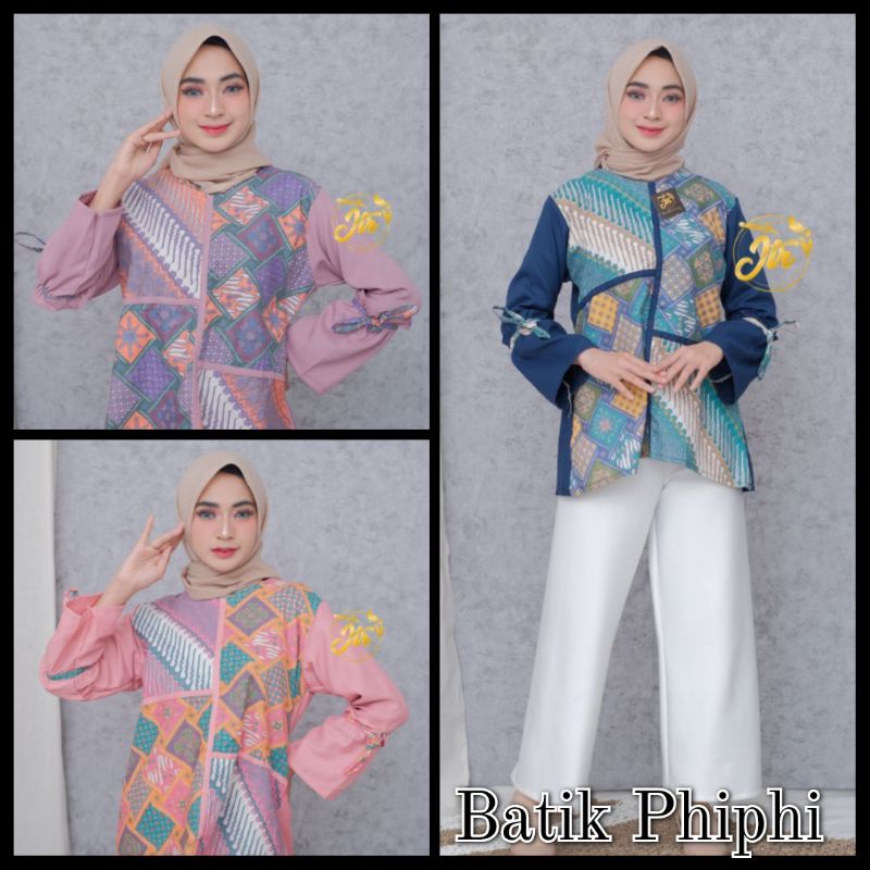 Atasan Batik Wanita Modern / Blouse Batik Kombinasi Mosscrepe Size M, L, XL ( ORIGINAL )