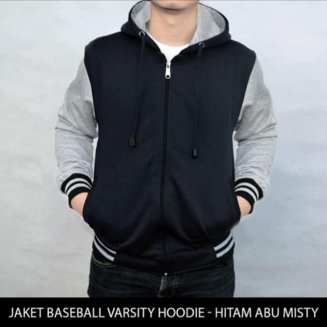 Jaket baseball polos hoodie resleting reglan pria wanita-Hitam abu