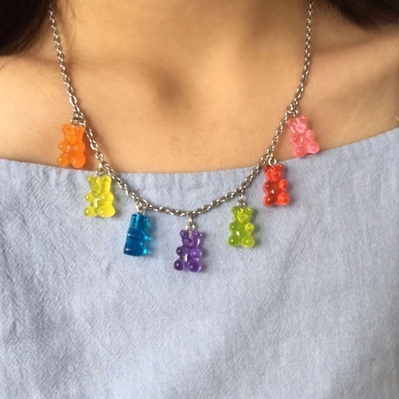 Kalung Choker Handmade Dengan Liontin Kartun Gummy Bear Warna Permen Gaya Korea