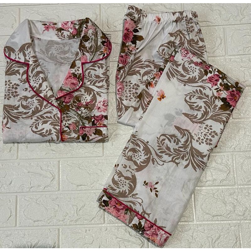 Baju tidur wanita piyama CP bahan soft katun premium adem lembut all size-Flower pink
