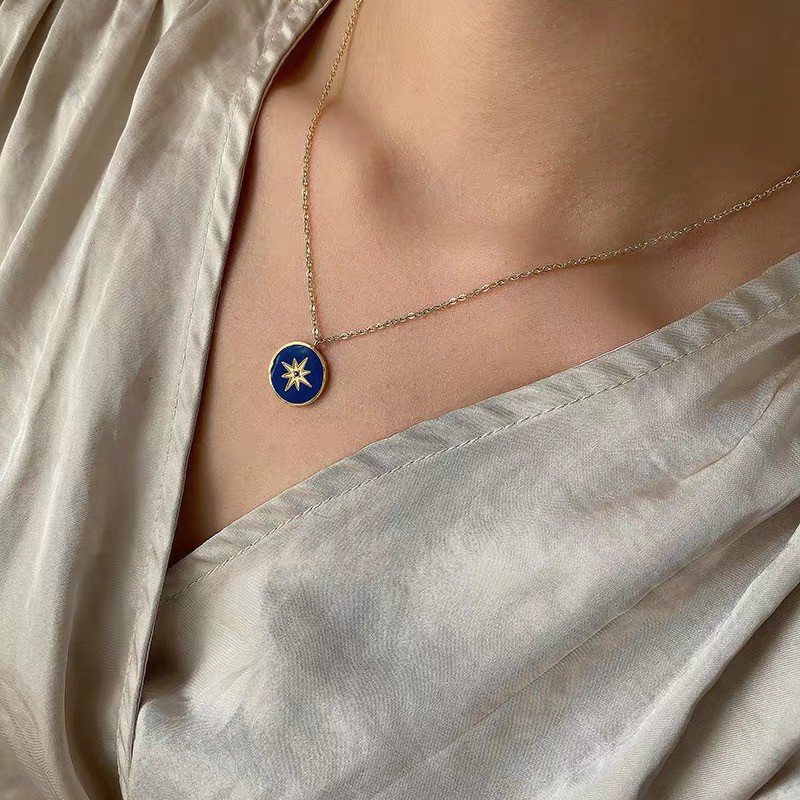 Kalung Desain Disk Enamel Warna Biru | Kalung Rantai Dengan Liontin Bintang Untuk Wanita | Aksesoris Bahan Titanium Steel 18K Warna Rose Gold | Perhiasan Bahan Stainless Steel