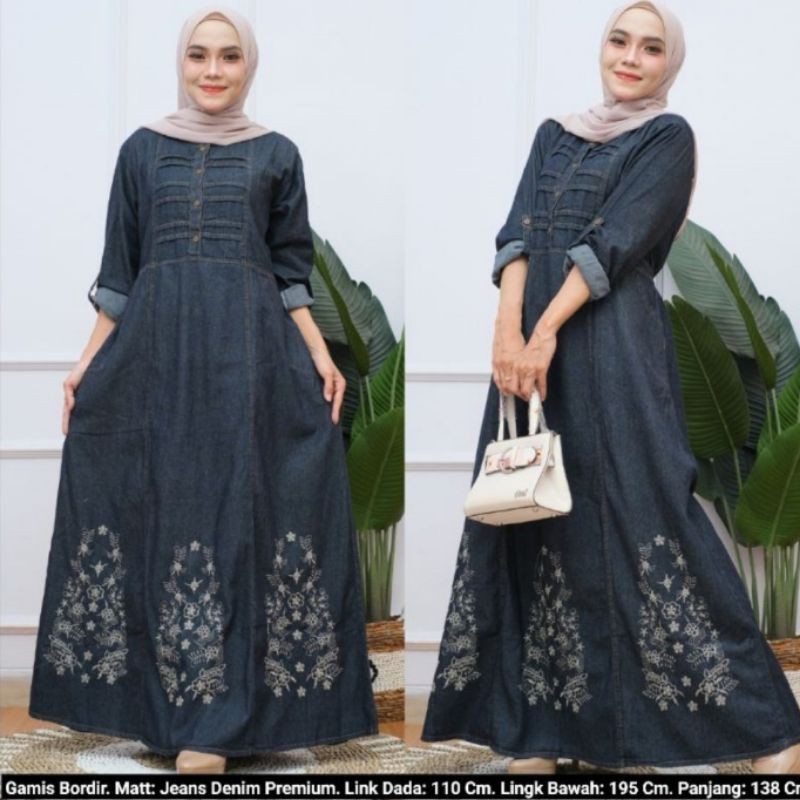 Gamis Jeans Jumbo Solid Blue Bordir Bunga Untuk Wanita Dewasa