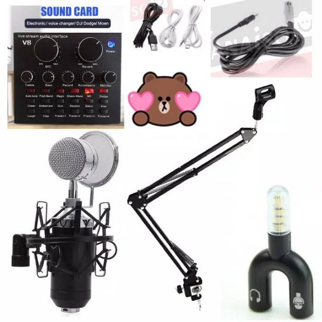 Termurah Medan 2KG PAKET REKAMAN MIC BM8000 BM 8000 + V8 SOUNDCARD MIXER STAND Microphone Condensor bm800