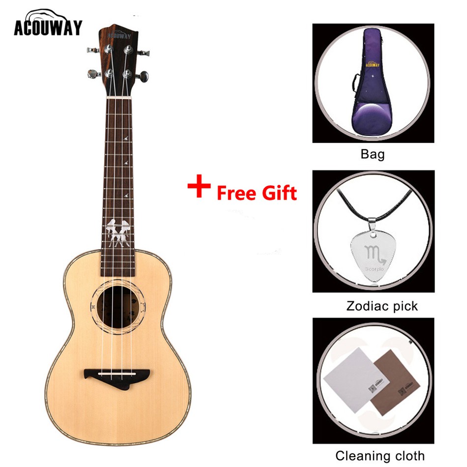 Acouway Ukulele glossy Concert ukelele with  Virgo Gemini taoo solid spruce top rosewood side birthday gift