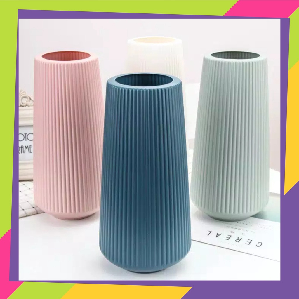 1333D2 / Pot bunga plastik model Guci garis2 / Vas bunga tanaman Artificial