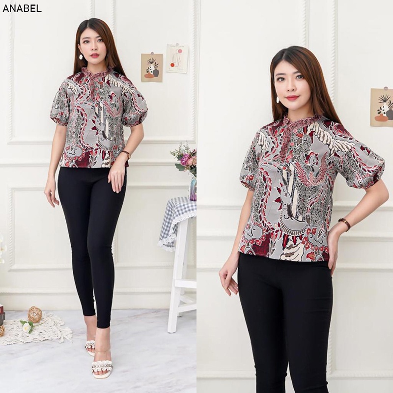 Evercloth Anabel Atasan Batik Wanita Blouse Batik Perempuan Model Lengan Puff Baju Batik Cewek Katun Stretch Premium Batik Couple Family Set Sarimbit Abu Grey Silver