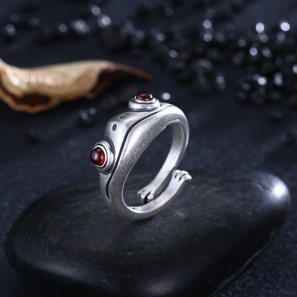 Cincin Jari Model Terbuka Desain Katak Artistik Warna Silver Gaya Bohemian Retro Untuk Unisex