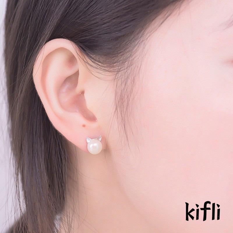 Anting Tusuk Silver 925 Desain Telinga Kucing Lucu Hias Mutiara Imitasi Untuk Wanita (KD)