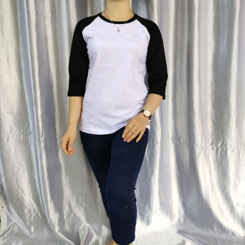 kaos polos reglan wanita (unisex) lengan 3/4 uk m l xl xxl-Putih/Navy 3/4