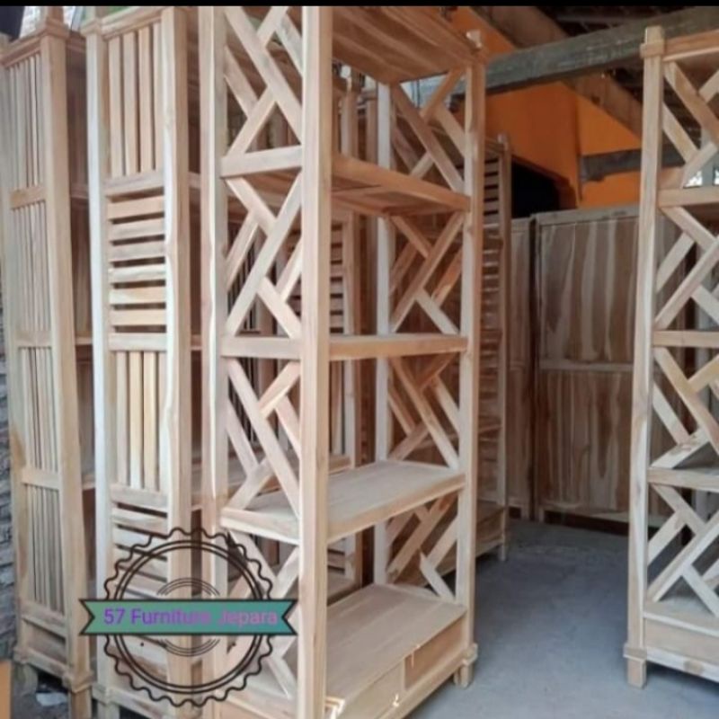 Rak buku jati mentahan yempat boneka tas pajangan ruang tamu