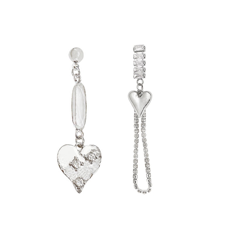 Anting Tusuk Sterling silver 925 Desain Hati Asimetris Hias Kristal Zircon Mewah Untuk Wanita
