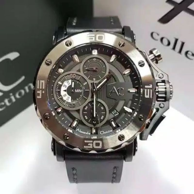 Alexandre Christie Collection Original Ac9205 Jam Tangan pria tali kulit full hitam