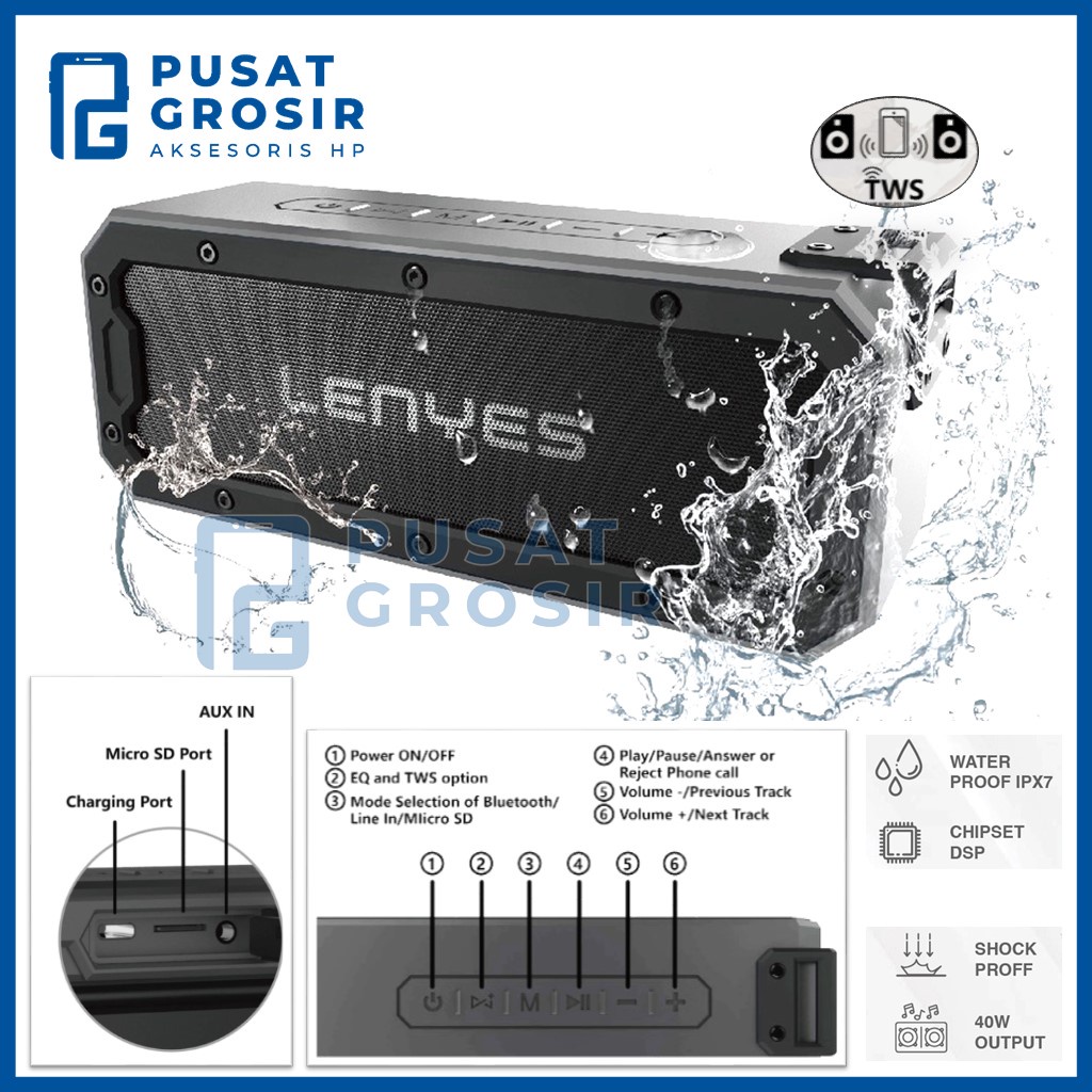 Speaker Bluetooth Portable Bass LENYES S108 S-108 Original anti air Waterproof ipx7 Spiker blutut TW