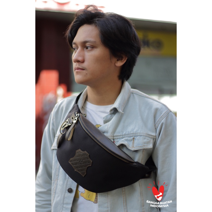 Pusiill -Waistbag pria / Tas Selempang Pria & Wanita Kombinasi Kulit Sapi Asli + Canvas Tebal / Tas 