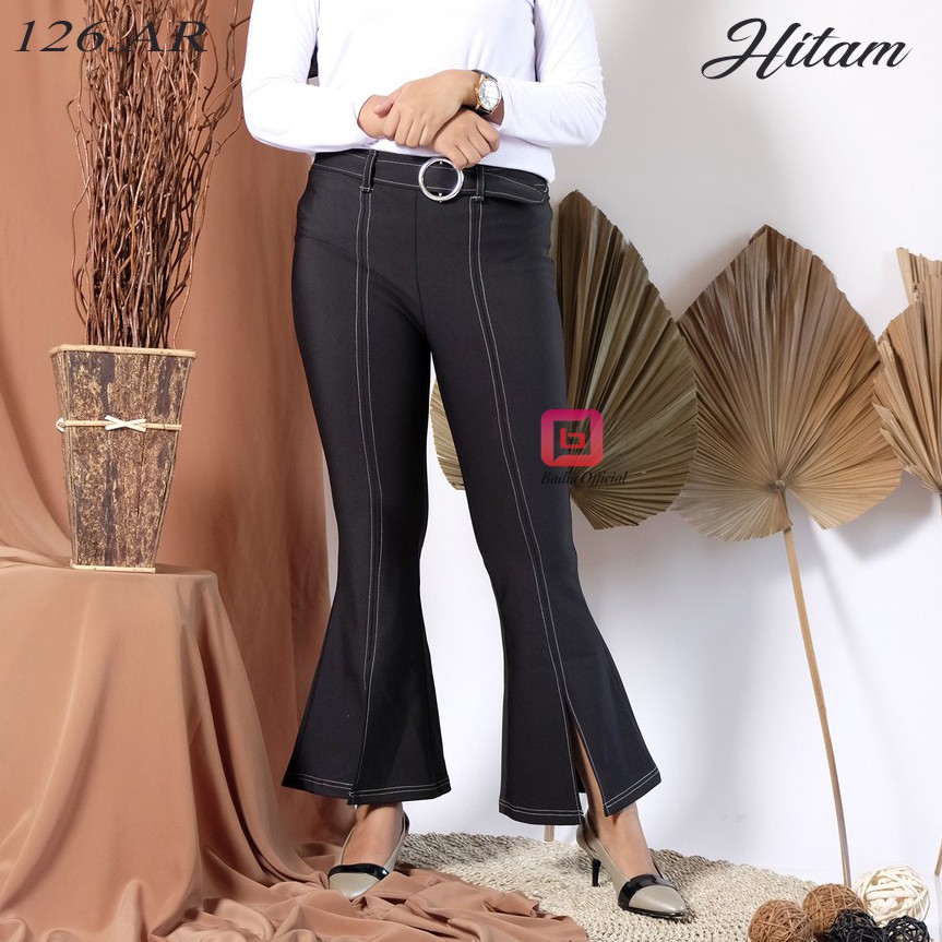 celana cutbray highwaist scuba shiren tebal motif list jahitan putih belahan di kaki wanita premium