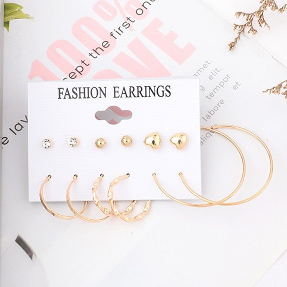 Anting Hoop 6 Pasang / Set Anting Tusuk Korea Mutiara Bulat Hati untuk Wanita Cantik Dalika