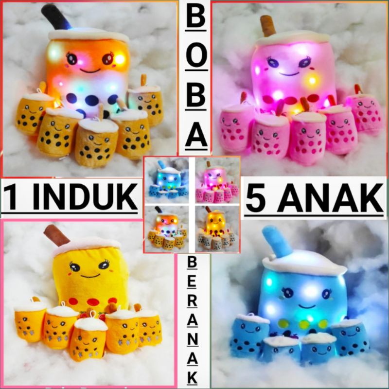 Boneka Boba Milk Tea Beranak LED Boneka Boba Beranak Lucu Mewah Anak 5 Induk 1 Bahan
