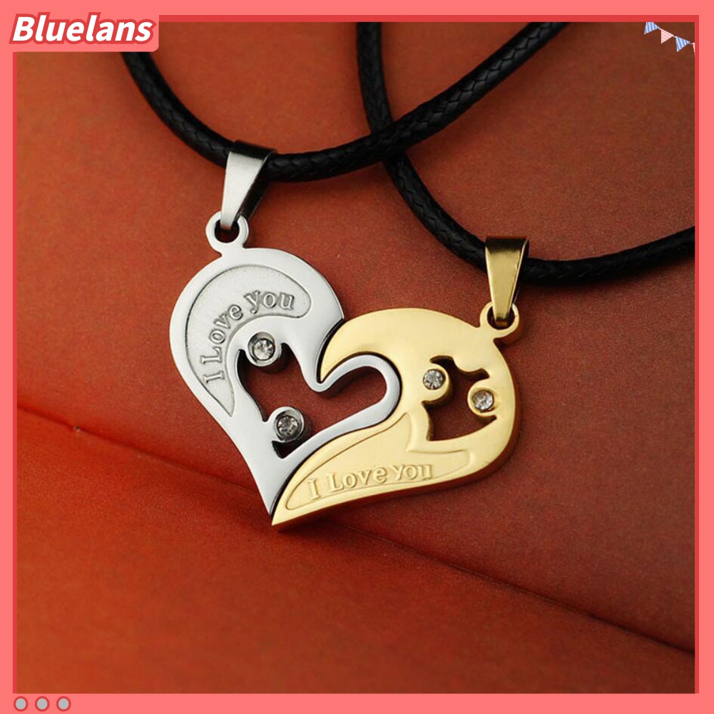 2pcs / Set Kalung Liontin Hati Tulisan I Love You Aksen Berlian Imitasi Untuk Pasangan