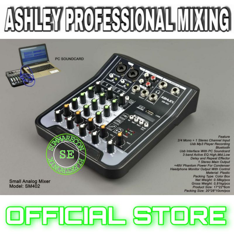 mixer audio 4 channel original ashley sm 402 usb bluetooth mp3 recording