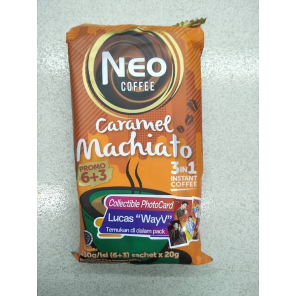 NEO COFFEE CARAMEL MACHIATO LUCAS WAYV KOPI INSTAN 3IN1 SEBUNGKUS ISI 6+3 SACHET