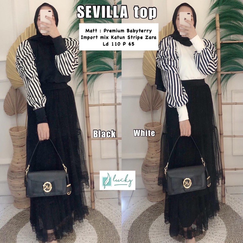 Baju Atasan Cewek Blouse Lengan Balon Motif Stripe Sevilla Top Original by Lucky Shop