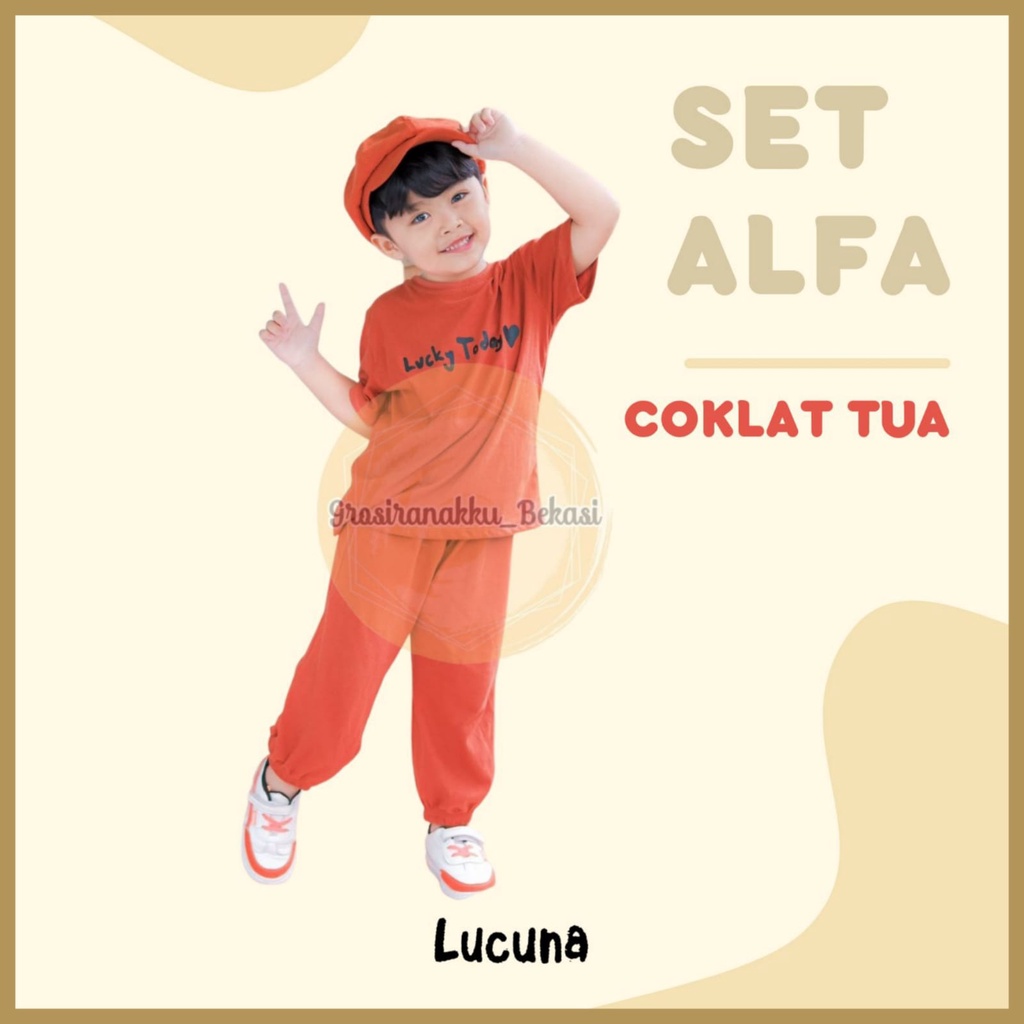 Setelan Anak Unisex Lucuna Alfa Warna Coklat Tua Size 1-5Tahun