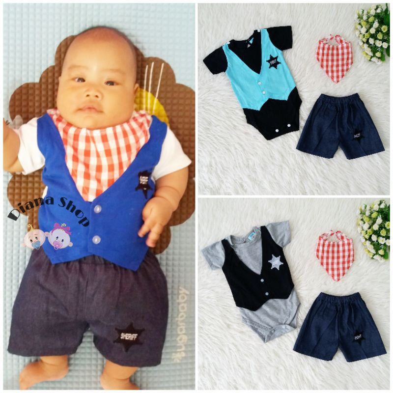 Baju Pesta Setelan Set Jumper Anak Bayi Baby Laki Rompi Sheriff Celana 3 bulan Murah Lucu