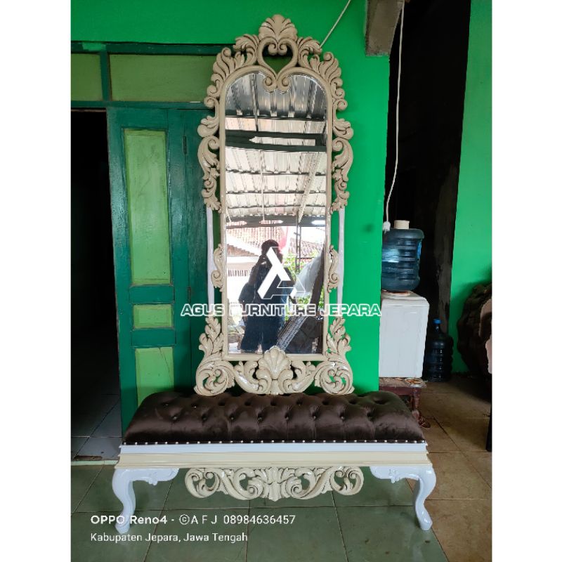 SET BENCH STOOL & PIGURA CERMIN UKIR (sofa santai sofa kaca)