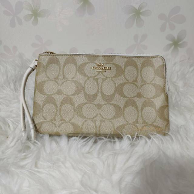 ORIGINAL Dompet Coach Large Double Zip Wristlet Signature Chalk