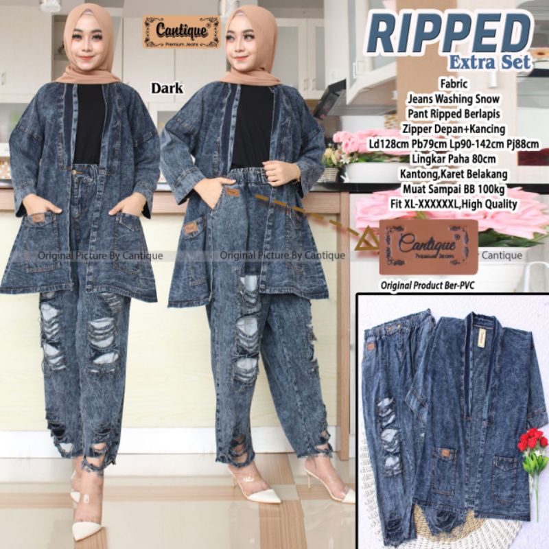 Ripped Extra Set By CANTIQUE | Setelan Wanita | Setelan Jeans Wanita Jumbo | Ripped Jeans