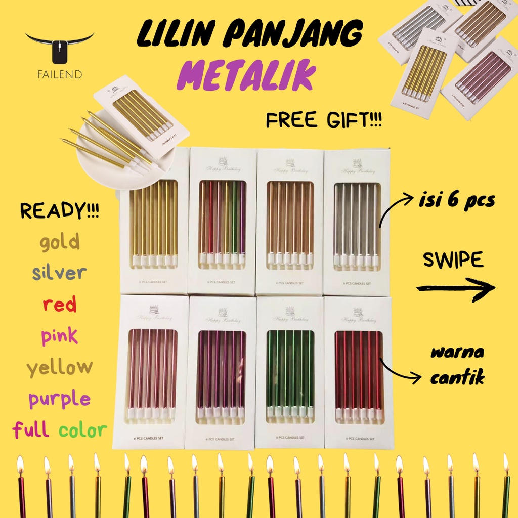 Lilin Ulang Tahun Panjang Metalik Gold Birthday Candle isi 6pcs