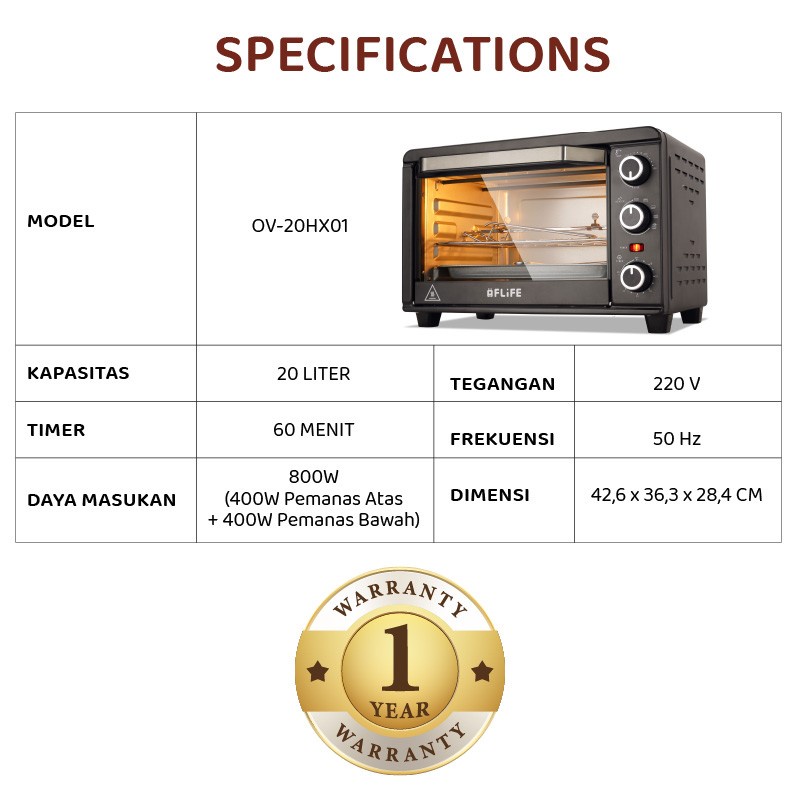 FLIFE Oven Listrik Low Watt  Kapasitas 20 Liter OV-20HX01 - Pemanggang Kue dan Makanan