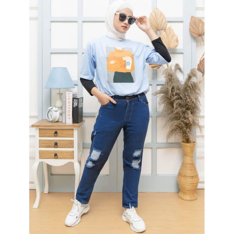 CELANA BOYFRIEND JEANS SOBEK LAPIS FURING // CELANA JEANS BOYFRIEND WANITA