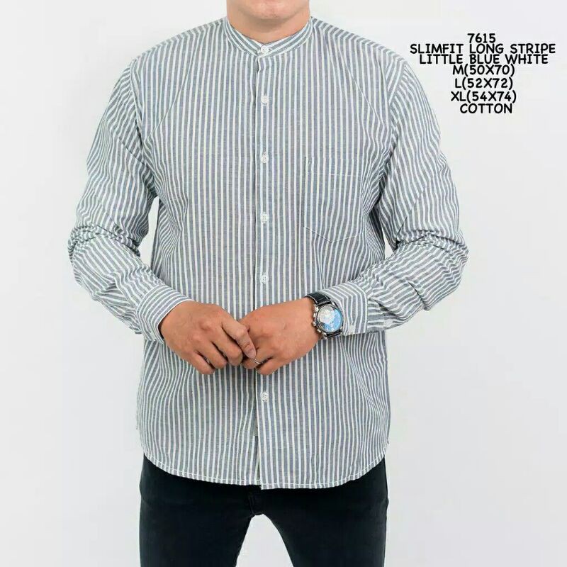 Kemeja Pria Biru Muda Garis Stripe Putih Kerah Sanghai Baju Koko Formal Slim Fit Kantoran Cowok Sale