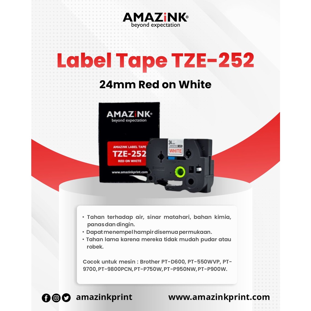 

AMAZiNK Label Tape TZE-252 24mm Red on White