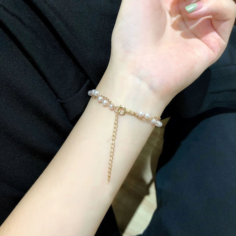 We Gelang Tangan Rantai Emas Wanita Hias Bunga Mutiara Gaya Korea Untuk Pernikahan