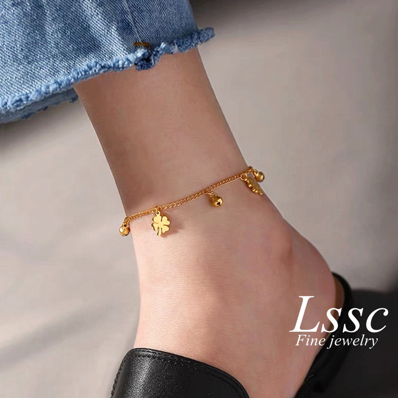Gelang Kaki Titanium Anti Karat Lonceng Bunga Keberuntungan Emas 18k Aksesoris Wanita Korea